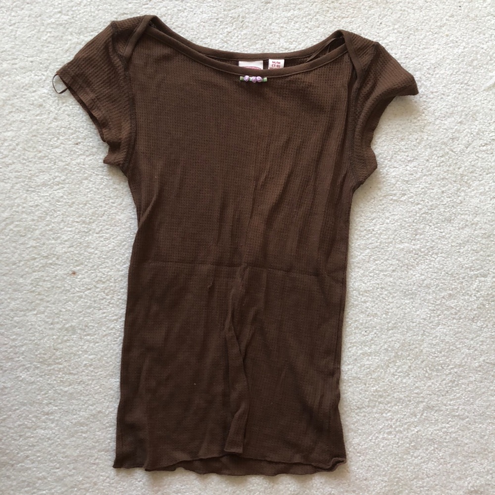 Brown t shirt, flower accent near neck, fits XS